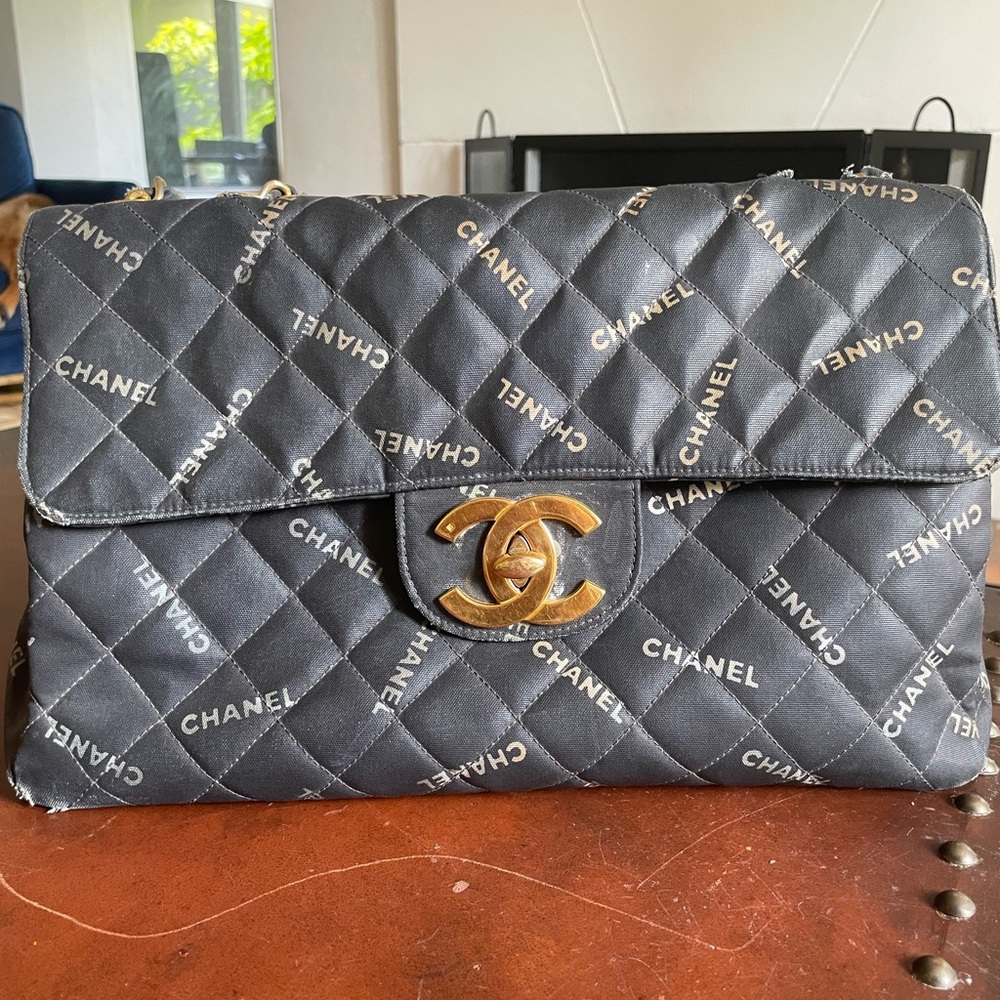 Chanel vintage 1990s jumbo maxi flap bag rare canvas text